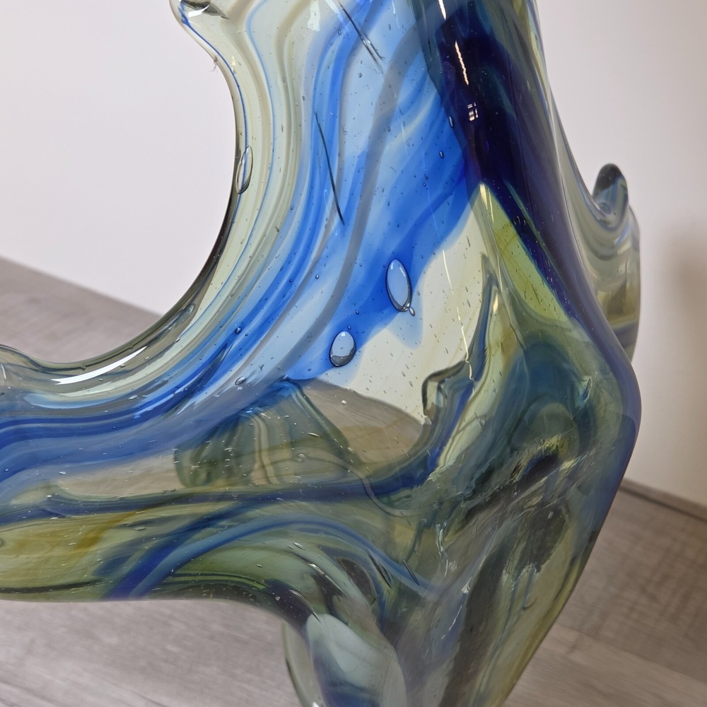 Vintage Hand Blown Blue Swirl Sooner Art Glass Swan Bowl 14" Long Large - Picture 8 of 12